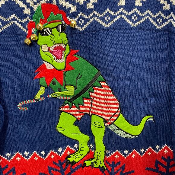 Men's Blizzard Bay T Rex Elf With Bells Christmas Holiday Sweater Size Large - Picture 3 of 6